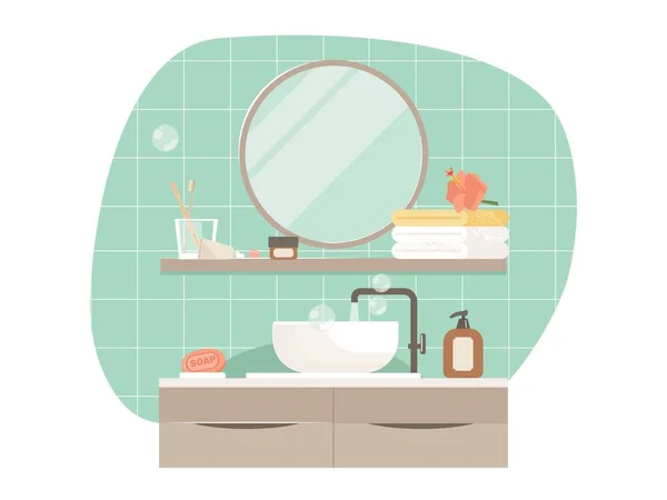 Εσωτερική διακόσμηση μπάνιου. Μοντέρνο τραπέζι νεροχύτη, καθρέφτης και πετσέτες μπάνιου επίπεδη διανυσματική απεικόνιση. Κενό μπάνιο — Διανυσματικό Αρχείο