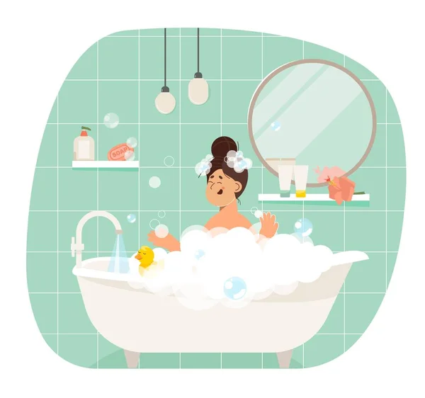 年轻的女人洗澡。女性躺在泡沫泡沫中.女孩在浴室的内部放松。矢量说明 — 图库矢量图片#