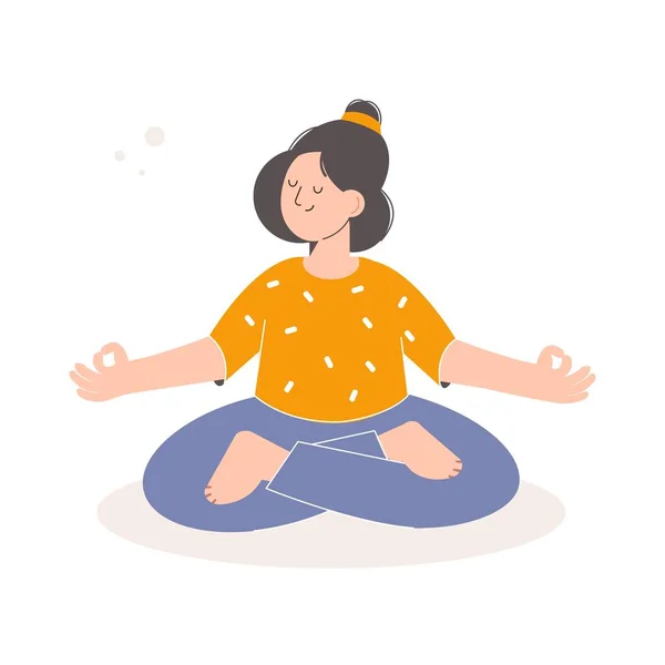 Yoga para mujeres. Mujer joven y feliz meditando. Chica en yoga loto practica meditación. Ilustración vectorial — Vector de stock
