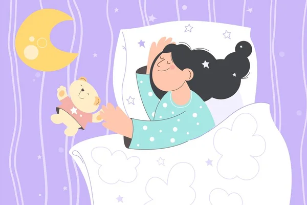 Durmiendo hermosa joven y un lindo osito de peluche. Sueño pacífico y relajarse. Buenas noches, duerme. Imagen vectorial — Vector de stock