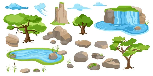 Árboles forestales, lago, montañas y piedras, picos de nubes. Elementos de paisaje conjunto aislado de conjunto de vectores — Vector de stock