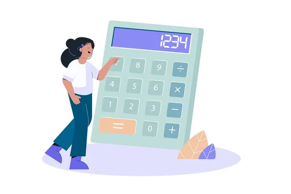 La mujer con la calculadora grande. La chica está haciendo cálculos. auditoría financiera o servicios profesionales de contabilidad — Vector de stock