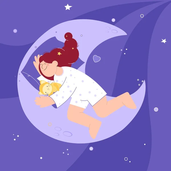 La mujer está durmiendo. Una chica en pijama y un gato descansan en la luna. Sueño tranquilo y relajación. Para diseño de niños — Vector de stock