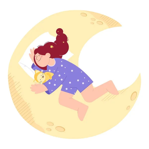 Dormire bella giovane ragazza e un simpatico orsacchiotto. Sonno riposante e riposo sulla luna. Buonanotte. Immagine vettoriale — Vettoriale Stock
