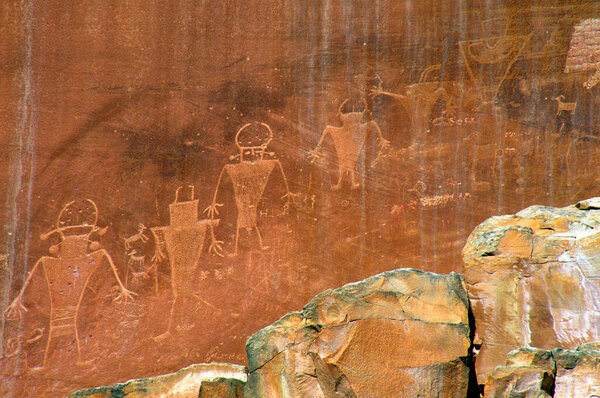 Ancient Native American petroglyphs along the Fremont River in Wayne County, Utah, USA.  Near Capitol Reef National Park.  