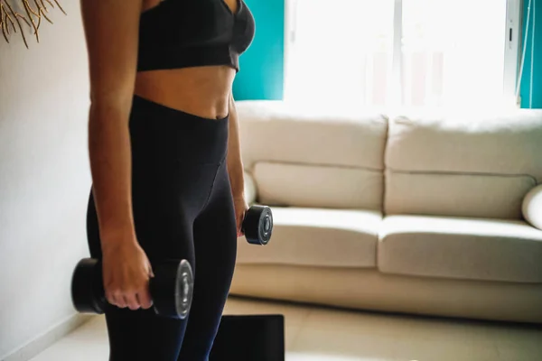 Evde dizüstü bilgisayarla egzersiz yapan bir kadın. Sağlıklı kadın yoga tahtası yapıyor ve dizüstü bilgisayardan online dersler izliyor.