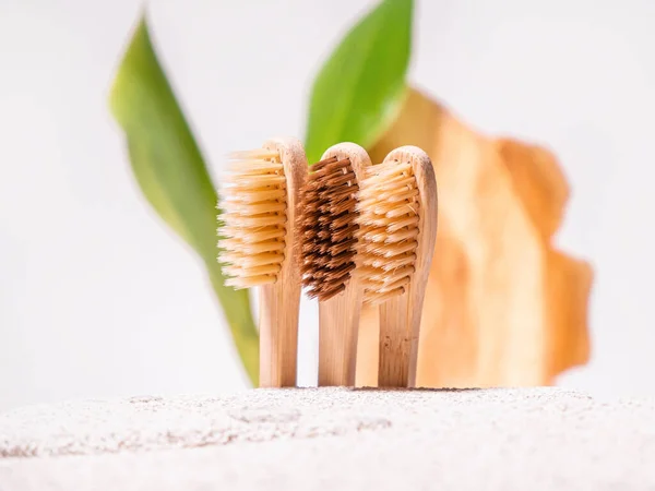 Zero Waste Toothbrushes Eco Natural Background Cement Green Leaf Cross — Stock Photo, Image