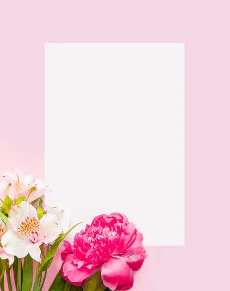 Biały Papier Pusty Wzór Formatu Kwiatami Różowym Tle Płaskie Leżały — Zdjęcie stockowe