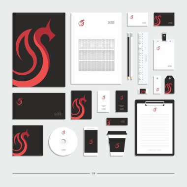 Ejderha işaretli soyut şirket kimliği. Kırtasiye seti. Yaratıcı tasarım. 