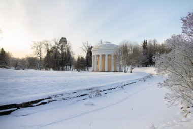 Kış parkında akşam. Pavlovsk, St. Petersburg civarında. Rusya