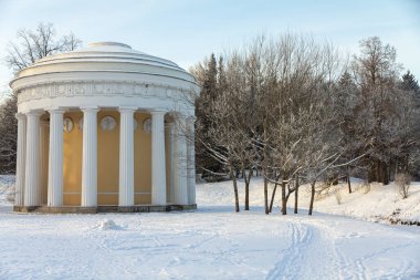 Kış parkında akşam. Pavlovsk, St. Petersburg civarında. Rusya
