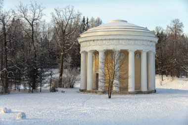 Kış parkında akşam. Pavlovsk, St. Petersburg civarında. Rusya
