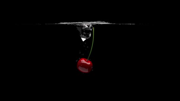 La ciliegia cade nell'acqua limpida. Fondo nero. Rendering 3D. — Video Stock
