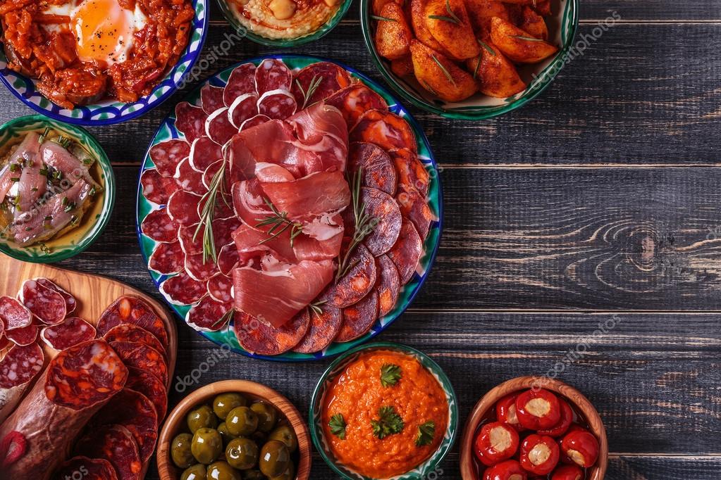 Typical spanish tapas concept, rustic style, top view. — Stock Photo