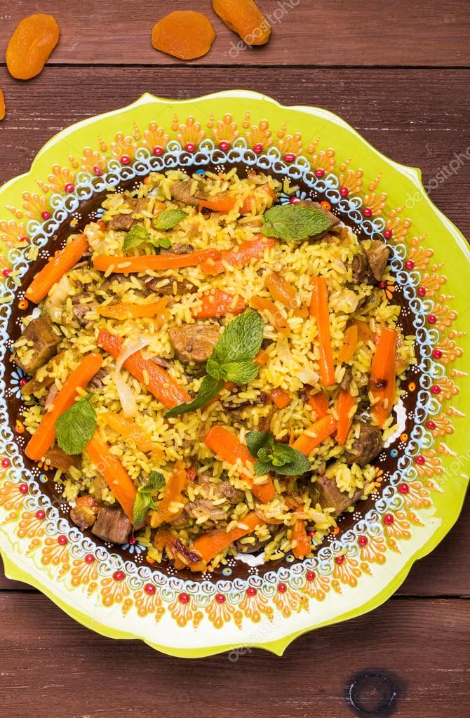 Turkish pilaf with lamb, turmeric and spices in traditional styl