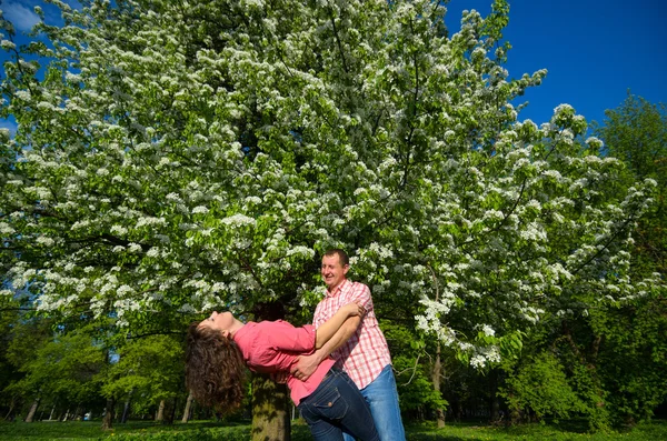 Un abbraccio uomo e donna sotto la corona di albero fiorito — Foto Stock