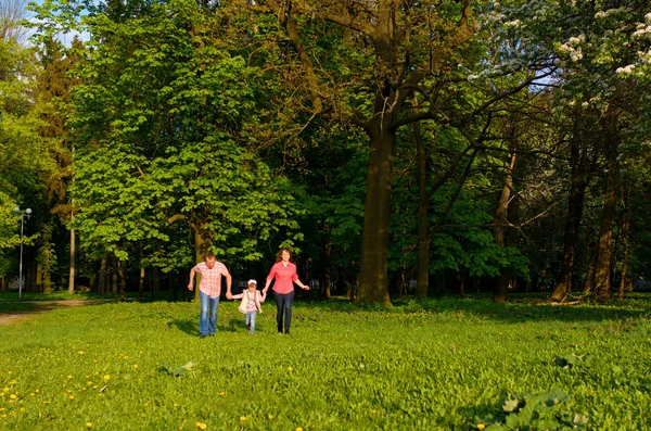 Familj spelar på färska air promenad — Stockfoto