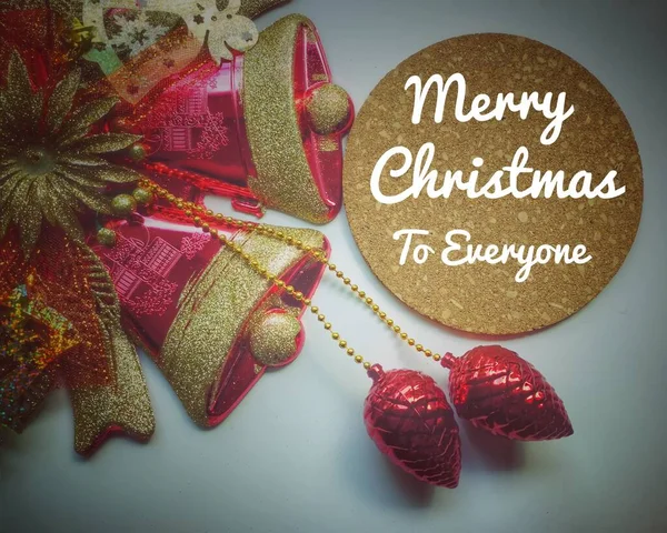 Text label with background of Christmas ornaments decoration. Merry Christmas Concept