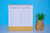 Listopad 2021 Schůzky kalendář s modrým pozadím a květináč