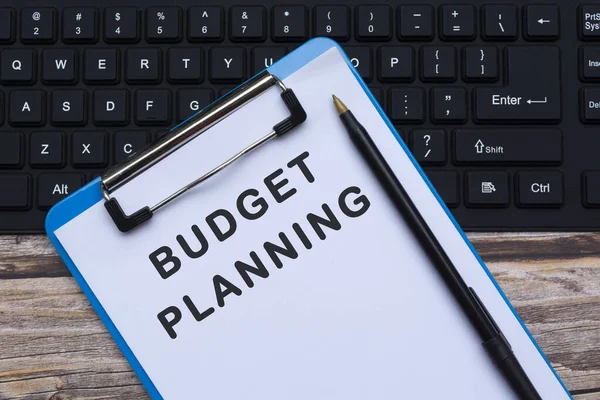Presupuesto Texto Planificación Portapapeles Azul Parte Superior Del Teclado Negro —  Fotos de Stock