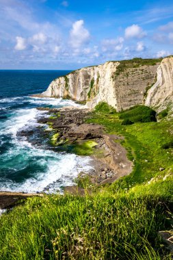Mavi gökyüzü ile etkileyici kıyı şeridi