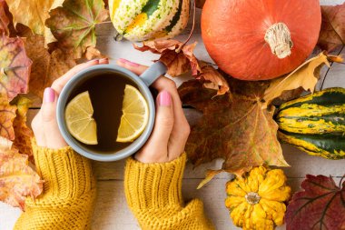 Kadın elleri örgü süveter içinde elinde limonlu çay, balkabağı ve sonbahar yapraklı. Üst görünüm