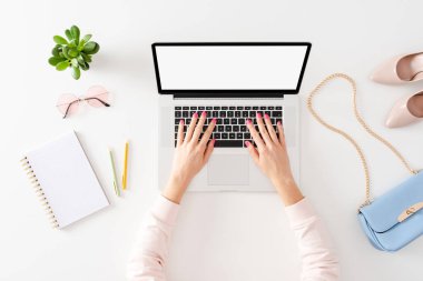 İnternetten alışveriş konsepti. Dizüstü bilgisayar kullanan kadın eller