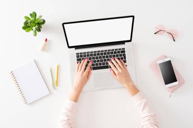 Bilgisayar kullanan bir kadın. Çevrimiçi alışveriş kavramı