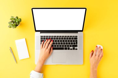 İş aksesuarları ve sarı arka planda telif alanı olan dizüstü bilgisayarda çalışan kadın eller. Üst görünüm