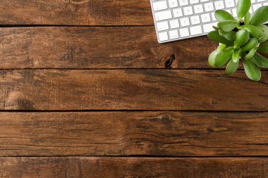 Ahşap kaplamalı yeşil sulu modern bilgisayar klavyesi. Ofis masaüstü. Üst görünüm