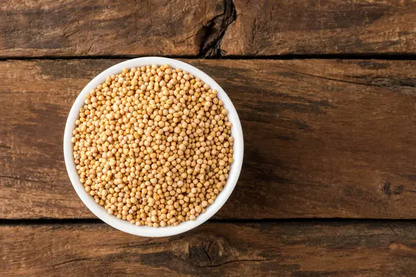 White Mustard Seeds Bowl Rustic Wooden Table Top View — Stock Photo, Image