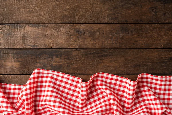 Red Checkered Tablecloth Wooden Background Copyspace — Stock Photo, Image