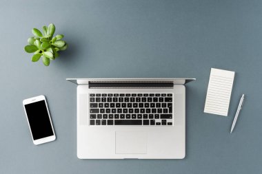 İş aksesuarlarıyla gri arka planda dizüstü bilgisayar. Ofis masaüstü. Üst görünüm