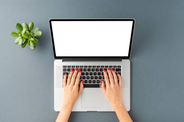 Gri masadaki boş ekranlı dizüstü bilgisayar kullanan kadın eller. Yeşil çiçekli iş geçmişi. Düz yatıyordu