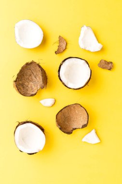 Sarı arka planda taze hindistan cevizi. Düz yatıyordu