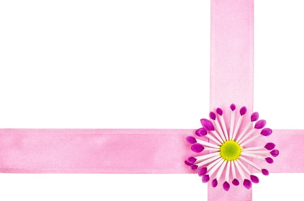 空のポストカードの背景にピンクの花、ピンクのリボン — ストック写真