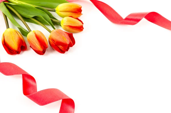 Empty postcard background with colorful flowers and red ribbon — Stock Photo, Image