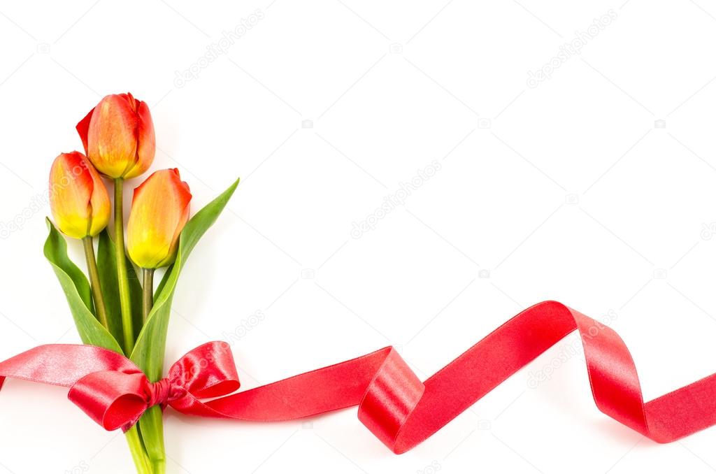 Empty postcard background with colorful flowers and red ribbon