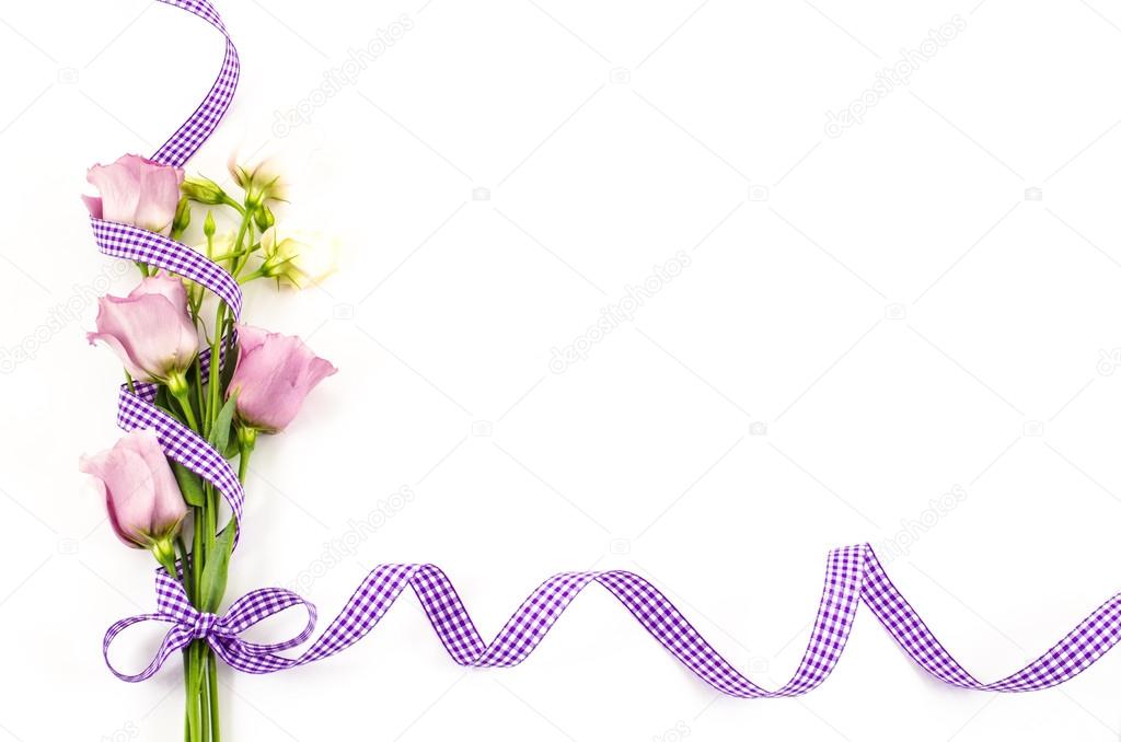 Empty white background with colorful flowers and purple ribbon