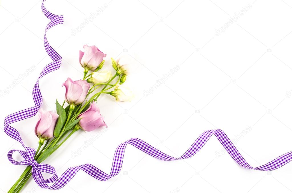 Empty white background with colorful flowers and purple ribbon