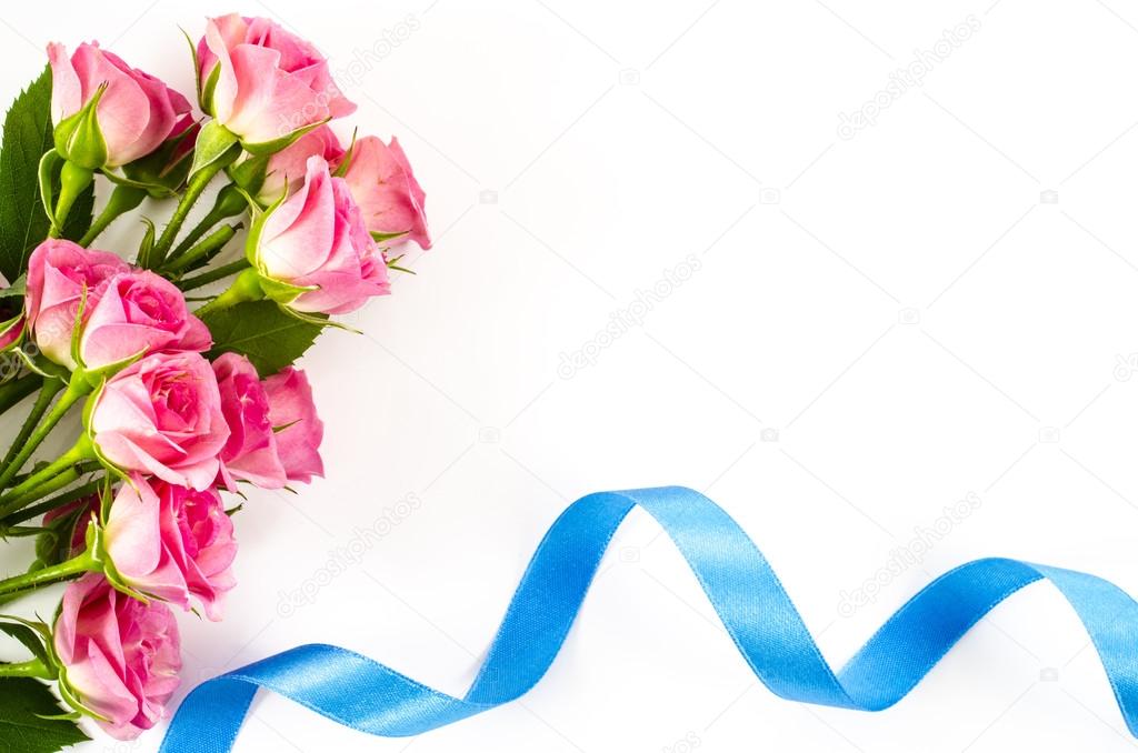 Empty white background with colorful flowers and blue ribbon