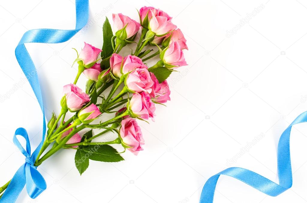 Empty white background with colorful flowers and blue ribbon