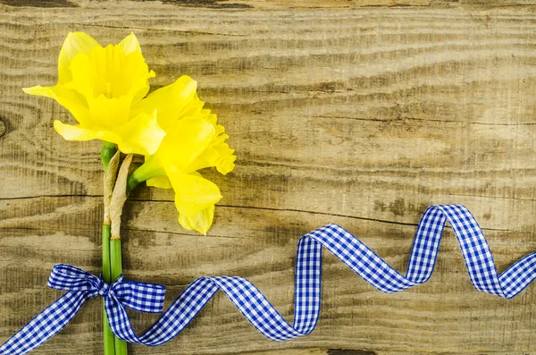 Fiore con nastro blu sul tavolo di legno — Foto Stock