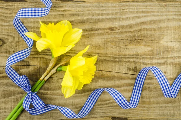 Fiore con nastro blu sul tavolo di legno — Foto Stock