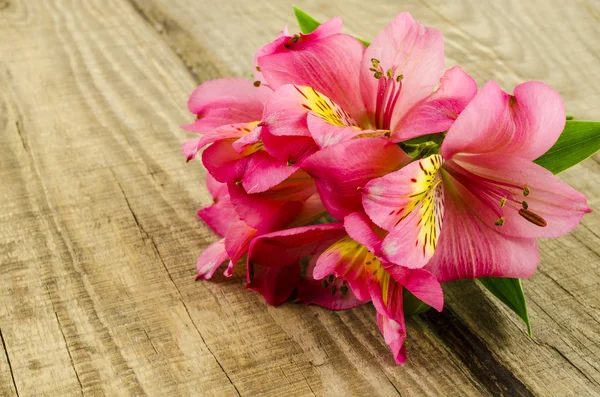 Pink flowers bouquet on wooden table — Stock Photo, Image