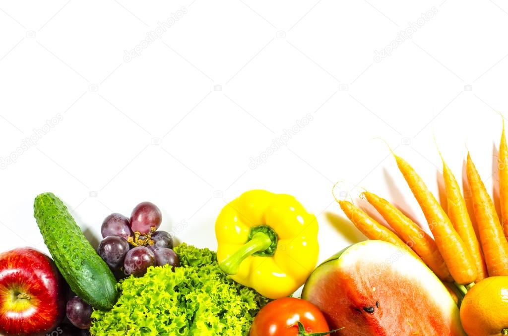 Frame of fresh fruits and vegetables on white background