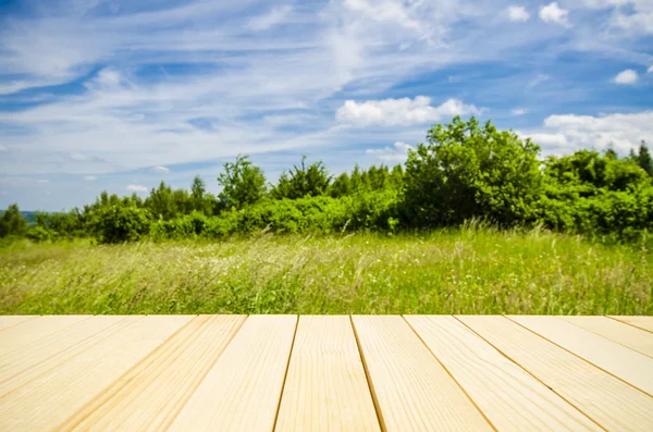 Empty wooden table with landscape background — Stock Photo, Image