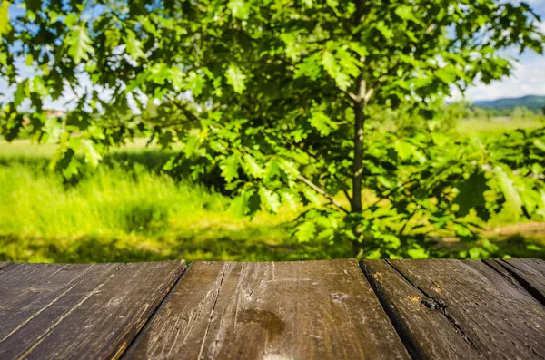 Mesa de madeira vazia com fundo de paisagem — Fotografia de Stock