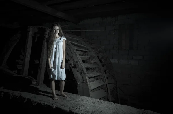 Horror girl in white dress — Stock Photo, Image