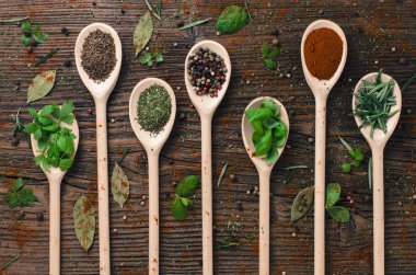 Tahta kaşıklarda çeşitli baharatlar.